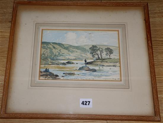 Samuel John Lamorna Birch, watercolour, Angler in a landscape, signed and dated 1948, 14 x 21cm